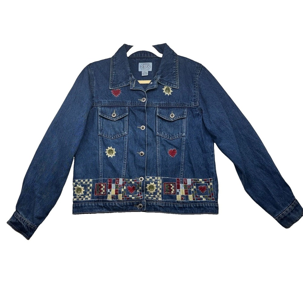 Carolina Blues Denim Jacket Women's Large Patchwork Heart Embroidered School